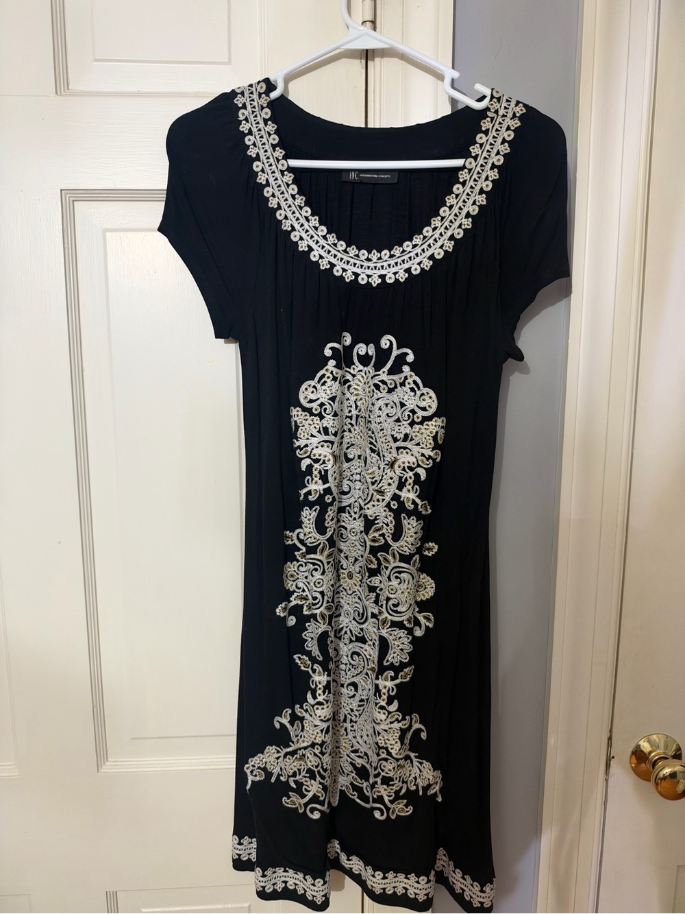 INC International Concepts Black Dress with Cream Embroidery